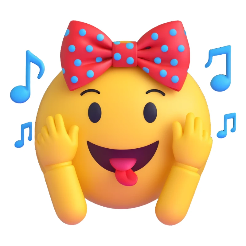 3D smiley emoji, large eyelashes, red polka dot bow, relieved, closed eyes, blue eyes, musical notes sticker