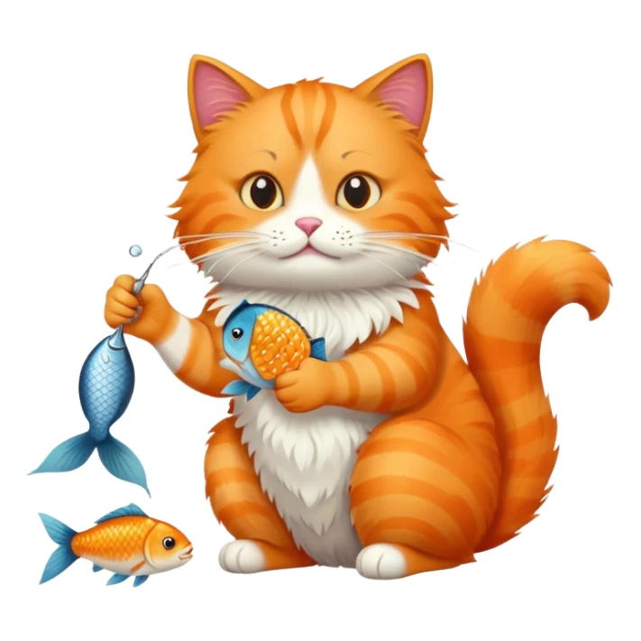 orange cat sitting and eating a fish sticker