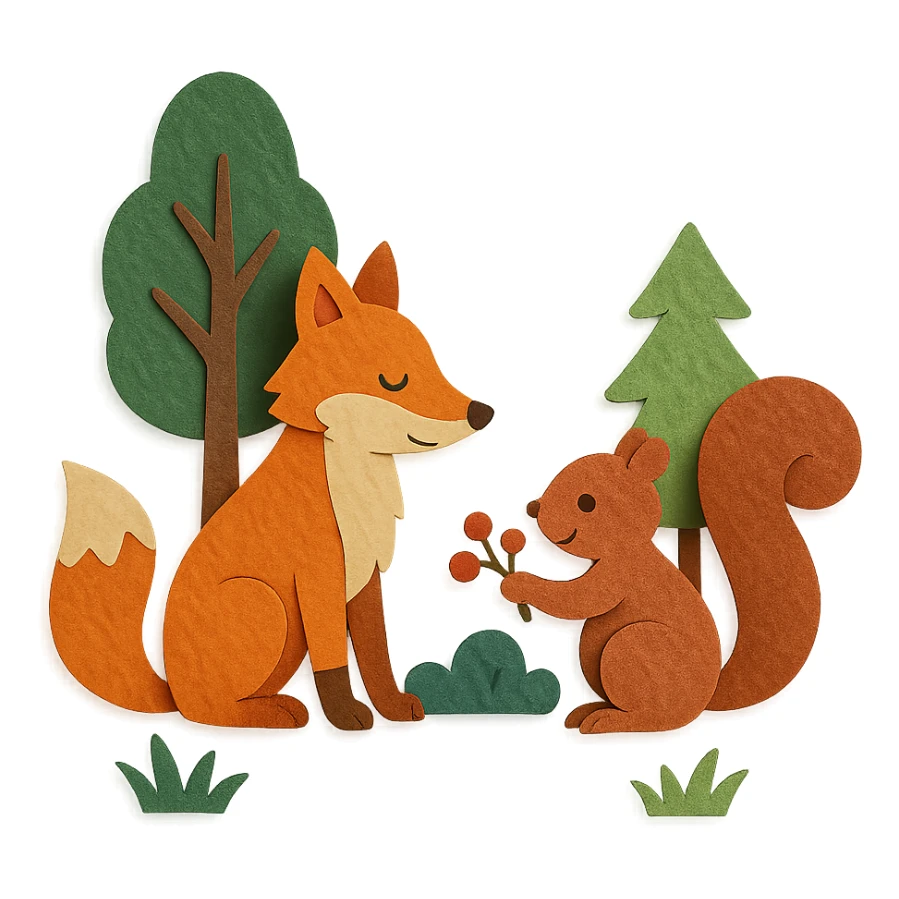 a fox and squirrel sharing berries in a forest friendship scene, paper craft style sticker