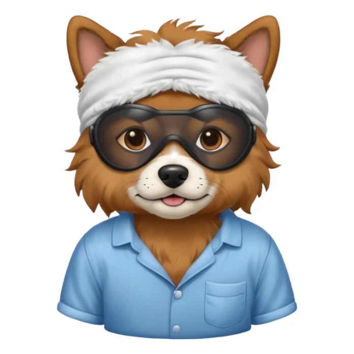 a dog with sleep mask and wearing shirt sticker