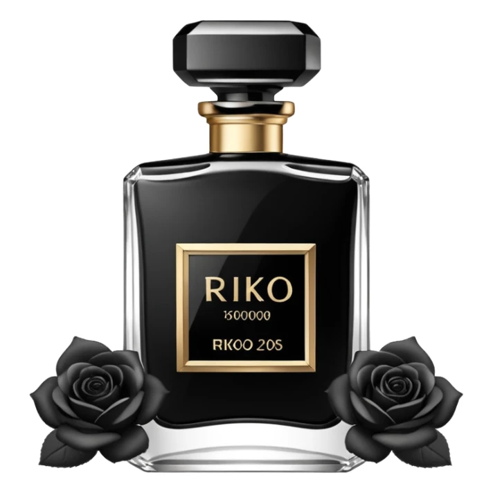 Realistic detailed black luxury perfume bottle with the name Riko on the front decorated with black and white roses sticker