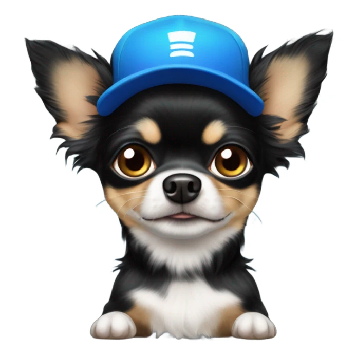 cute all black long haired Chihuahua being held by old man with blue eyes goatee in ball cap sticker