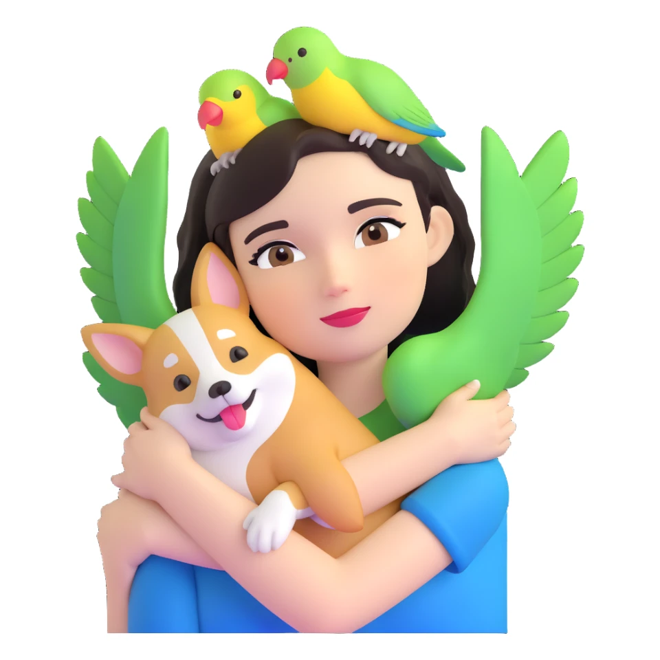 Dark short hair, dark brown eyes with pale skin and thin eyebrows girl hugging a welsh corgi. And a green-reddish lovebird on her head with yellow, blue love birds around her. sticker