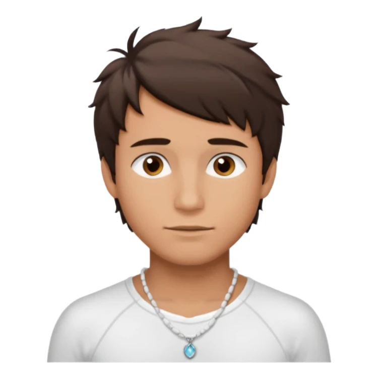 create an emoji of a young man. he has a surfer look, with short messy dark brown hair, brown eyes, tanned skin, natural lips. he wears a white tight shell necklace with a white shirt sticker