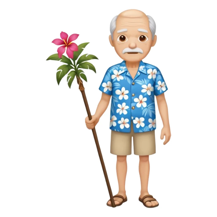 old man with hawai blue floweral shirt  full body with stick sticker