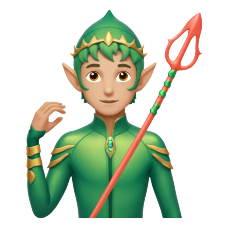 male elf in iridescent wetsuit, coral staff. Gills on neck sticker