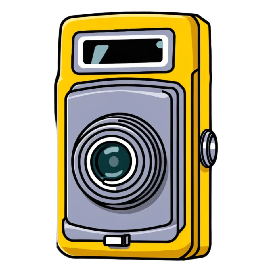 Vintage Kodak camera with yellow casing and lens sticker