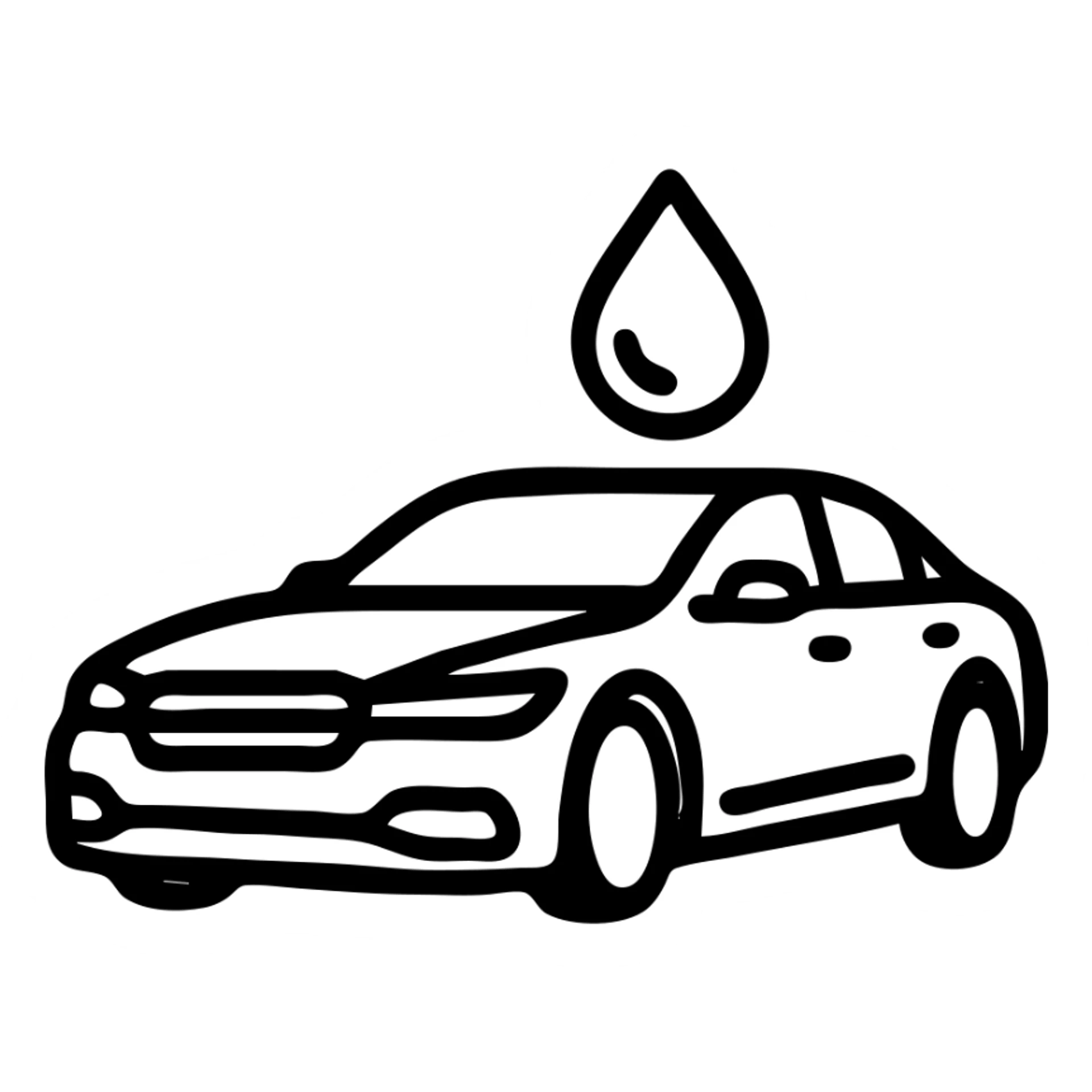 outlined icon of a full premium vehicle with glossy black paint, strong mirror-like shine and reflections, water droplet sliding on the hood or roof, clean lines, subtle repellent effect, modern and simple sticker