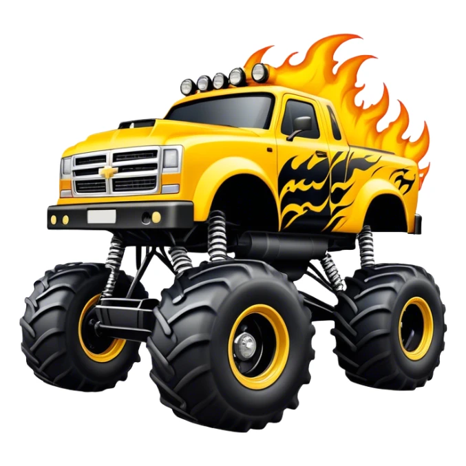 Maximum Destruction - Monster Jam (Model Year: 2021) (Iconic colour: Yellow with black flames) - A ferocious monster truck featuring a vivid yellow base accented by dramatic black flame patterns. Emphasize sharp, high-contrast flame streaks across the body, creating a look of aggressive, explosive energy. sticker