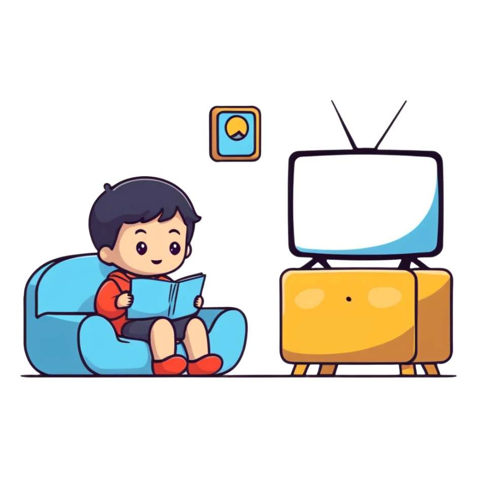 cute child sitting and watching cartoons on TV sticker