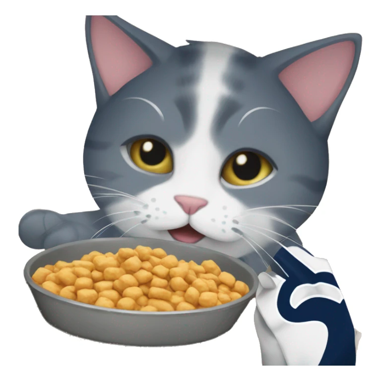 Cat wearing Penn state merch and eating cat food sticker