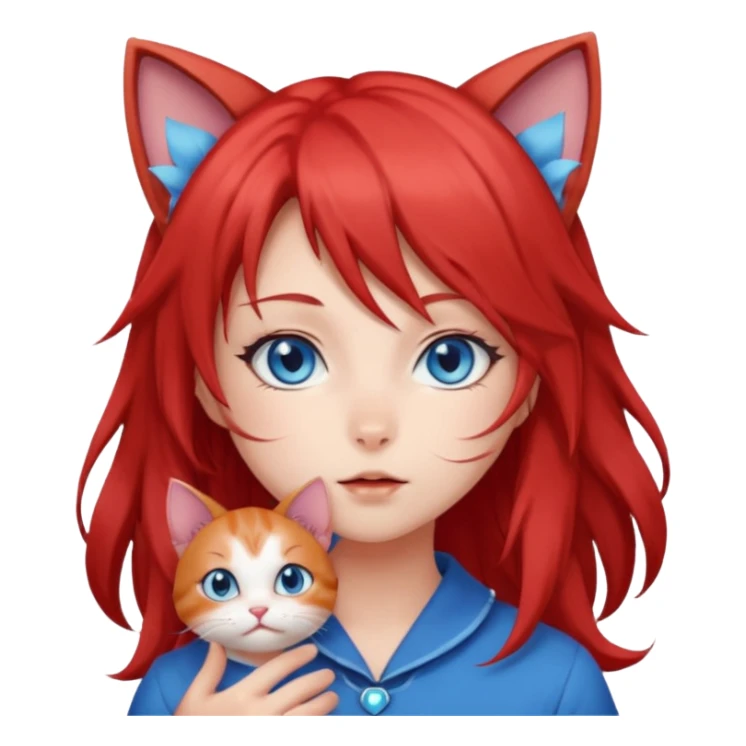 very cute anime cat-girl with small cat ears, red blowing hair sticker