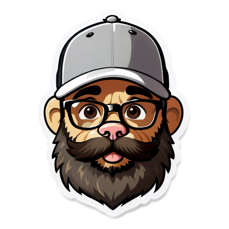 A man with a grey baseball cap, hazel eyes, big dark brown beard and glasses, big bubble begging puppy eyes sticker