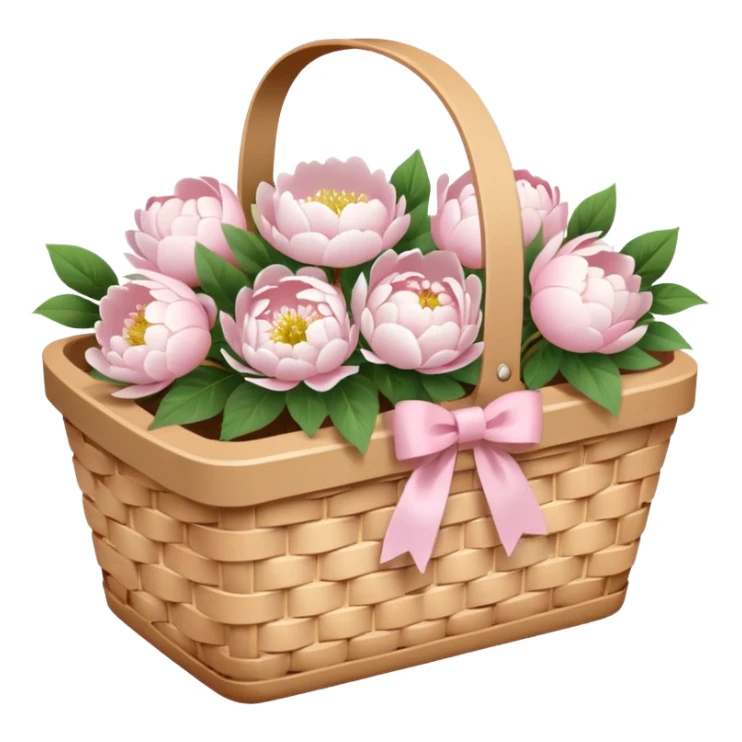 White Picnic basket with light pink bow and white peonies inside sticker