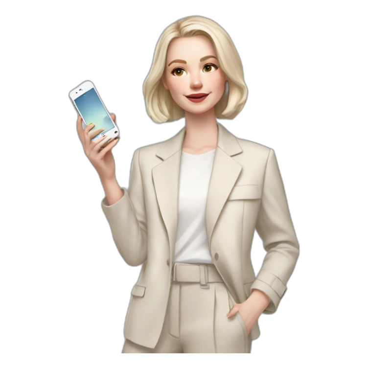 pale skin woman with ash blonde Straightened bob Hair, White Spacious classical jacket, beige palazzo Arrow pants and gray blouse holding white IPhone 15 pro in the hands sticker