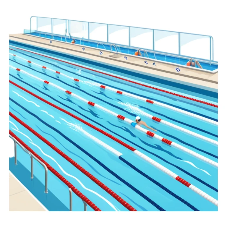 An icon featuring an Olympic swimming pool with multiple lanes and swimmers racing side by side. Splashes and lane dividers highlight the competition atmosphere. Transparent background emphasizes the energy, speed, and intensity of professional swimming events. sticker