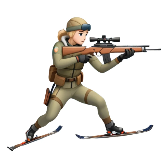 An icon showing a snowy landscape with pine trees, mountains, and a clear sky with a biathlete aiming a rifle in the foreground, wearing winter gear and skis. Transparent background emphasizes the precision, endurance, and beauty of this winter sport. sticker