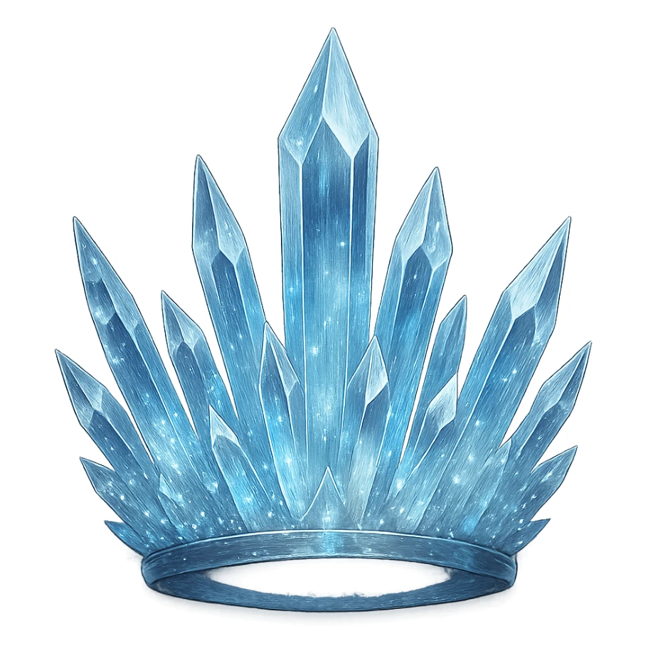 a crystal crown with sharp, transparent blue crystals, shimmering with silver flecks and a soft ethereal light sticker