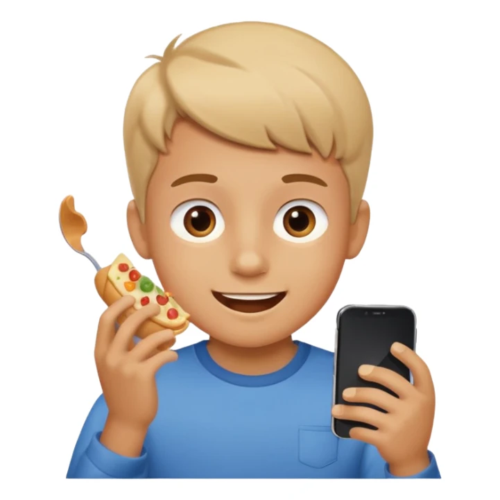 a boy watching videos on his phone while eating, cheerful expression sticker