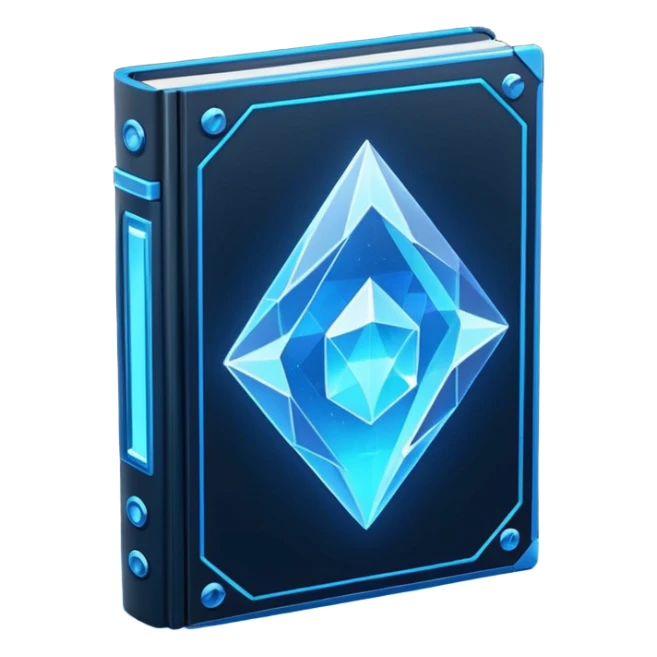 Futuristic holographic data book icon, dark sci-fi interface style, crystal neon blue light, sharp geometry, high tech game UI icon, minimalistic, cyber space theme, volumetric glow, centered, transparent background, no cartoon, no cute, no emoji face, 100x100 px sticker