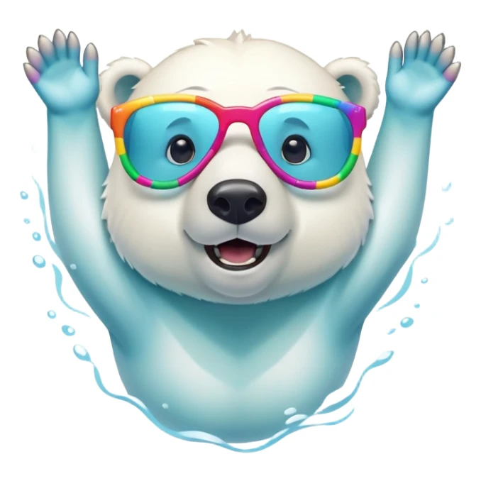 friendly anthropomorphised polar bear swimming in a crawl pose, wearing oversized colorful star glasses, excited expression, no festive outfit sticker