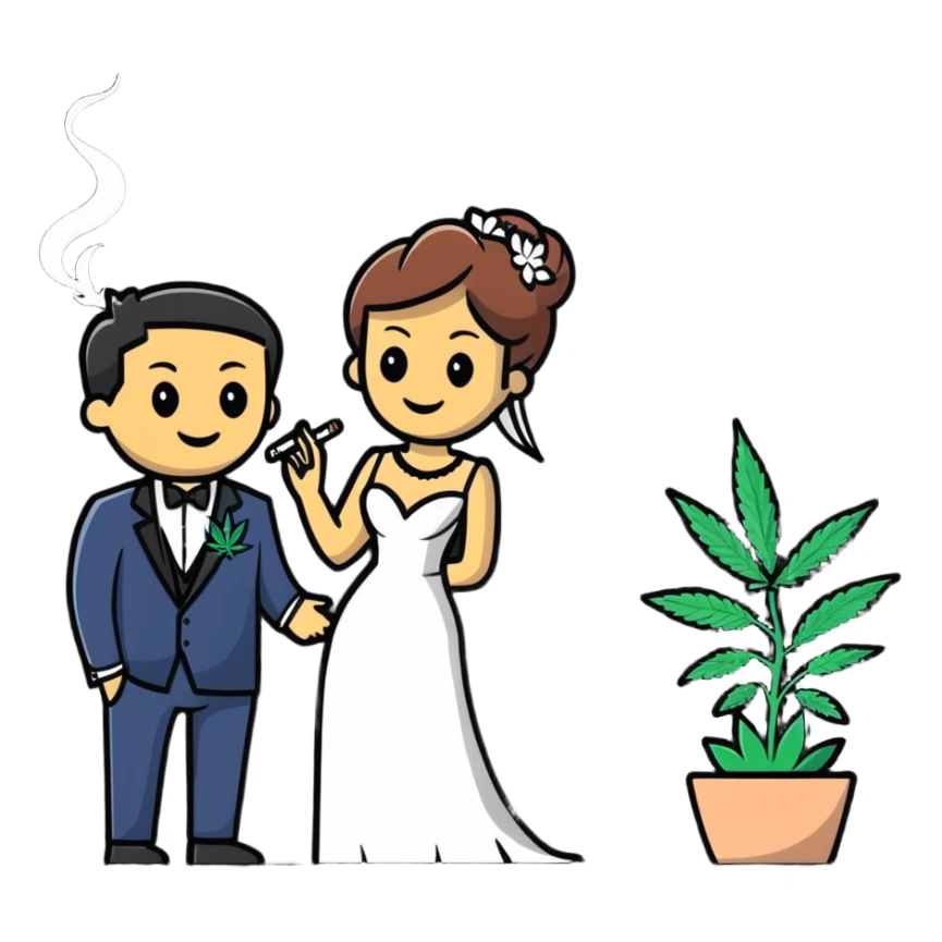 Person in fancy clothes sneaking into a wedding ceremony with a mischievous grin, uninvited guest, smoking cannabis sticker