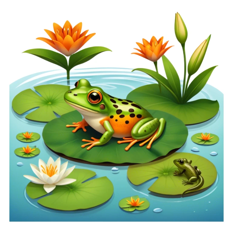 Icon for Amphibians: A colorful collage featuring a frog sitting on a lily pad, a salamander crawling on the ground and a newt swimming in water. The background features lily flowers and a calm pond setting. Transparent background. sticker
