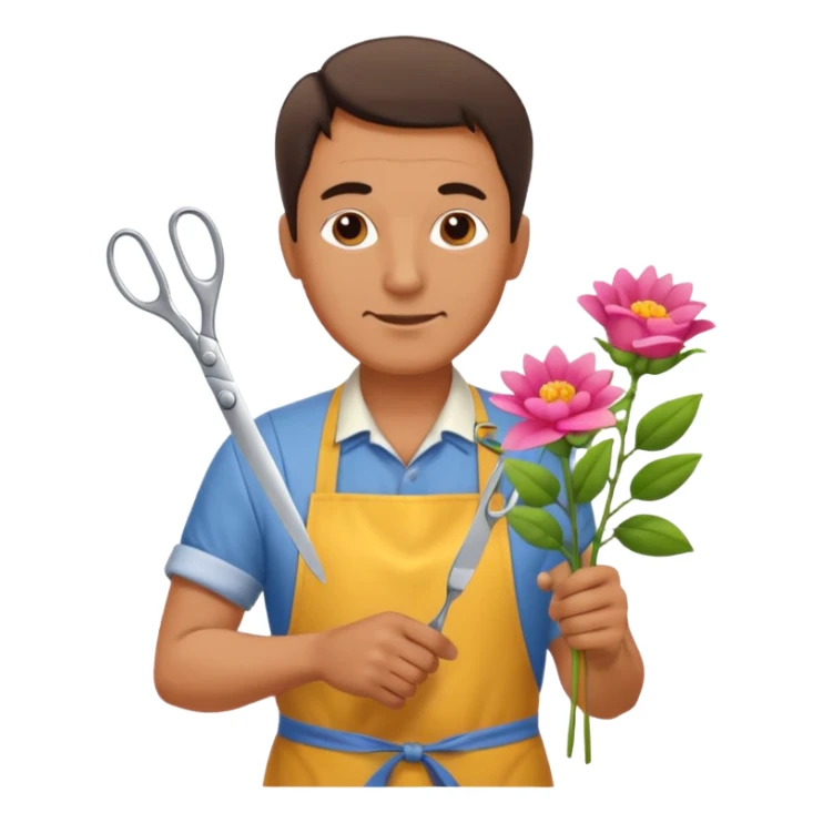 Middle-aged male florist – apron on, trimming stems with scissors sticker