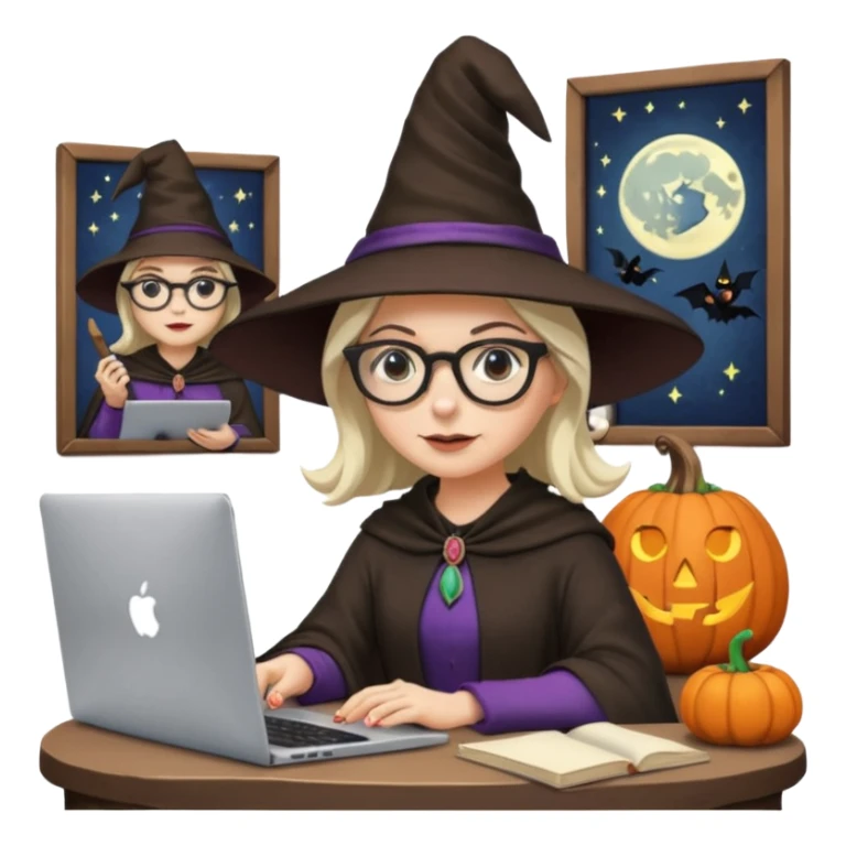 A female video editor wearing glasses, dressed like a witch with a pointed hat, sitting at a laptop editing a video, cinematic lighting, cozy creative studio, professional look, high quality, realistic sticker