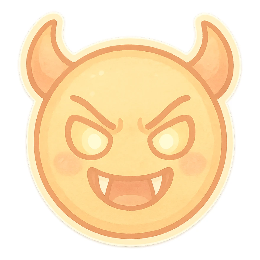 devil emoji, chibi style, pastel palette, yellow and peach, sharp fangs, glowing eyes, dramatic shadows sticker