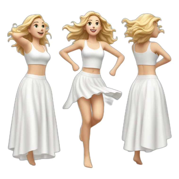 Hyperrealistic Full body Caucasian curvy beauty jumping white skirt back and front views strong wind sticker