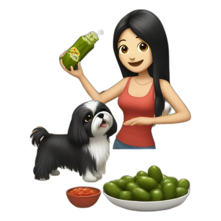 white woman with black long straight hair dancing salsa while eating pickles with a shih tzu dog sticker