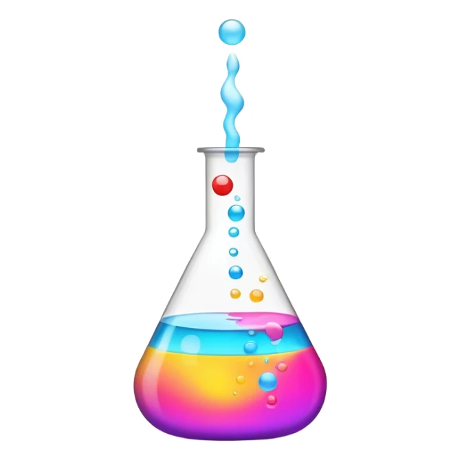 A bubbling chemistry flask filled with a glowing, colorful liquid. Tiny, unfinished emoji icons float above it, as if forming from the experiment. Soft mist rises from the flask, creating a mystical and creative atmosphere. Flat, minimalist digital illustration, empty state design, neutral background. sticker