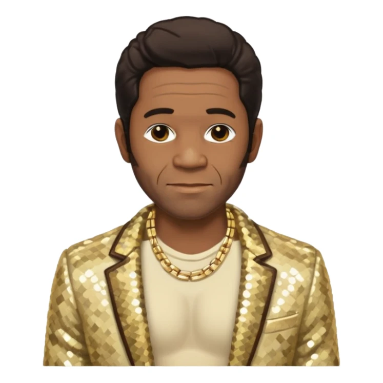 Al Green with dark brown hair, cream sequin jacket, shirtless with necklace sticker