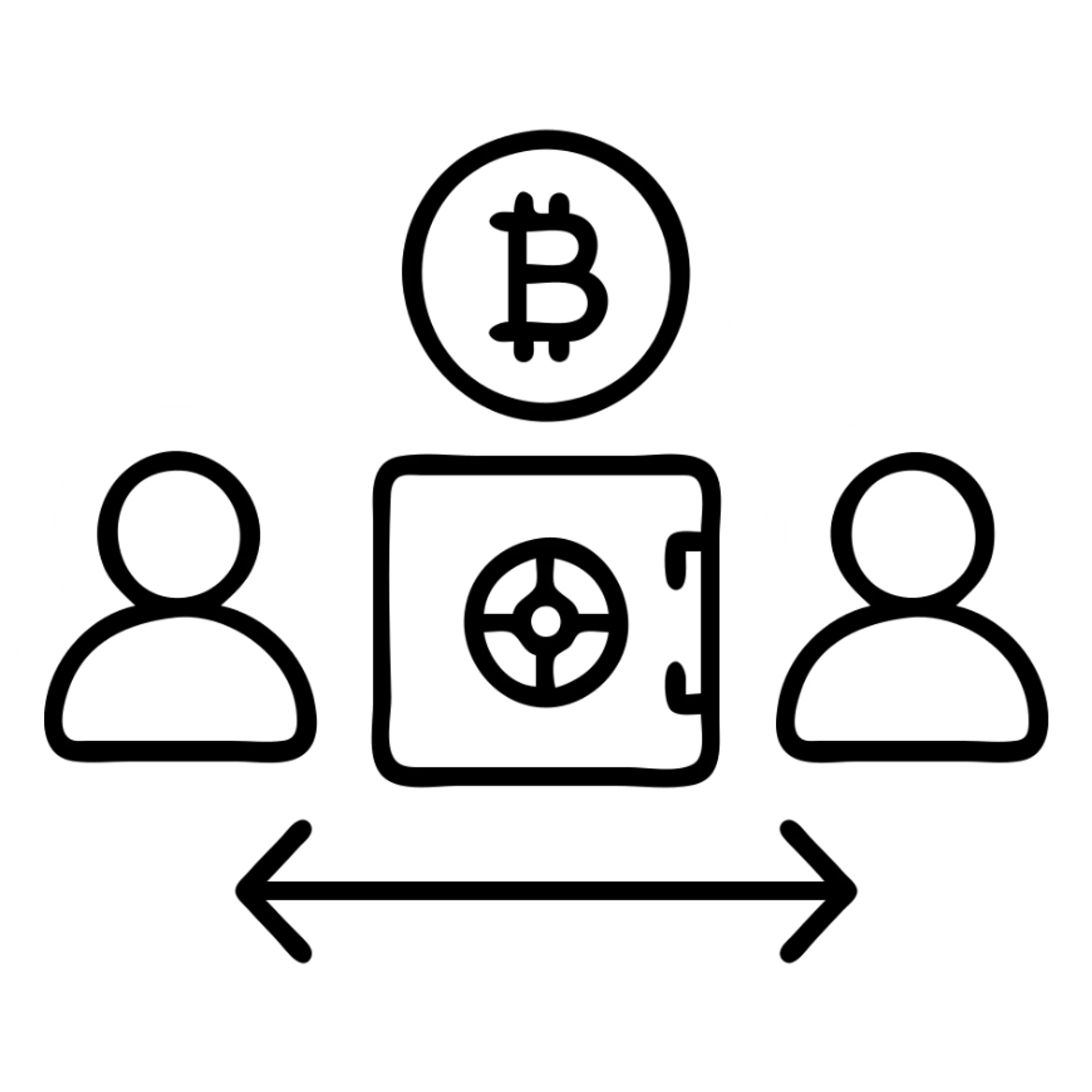 P2P cryptocurrency transaction with escrow protection, showing two user icons, crypto symbols, and a secure vault between them sticker