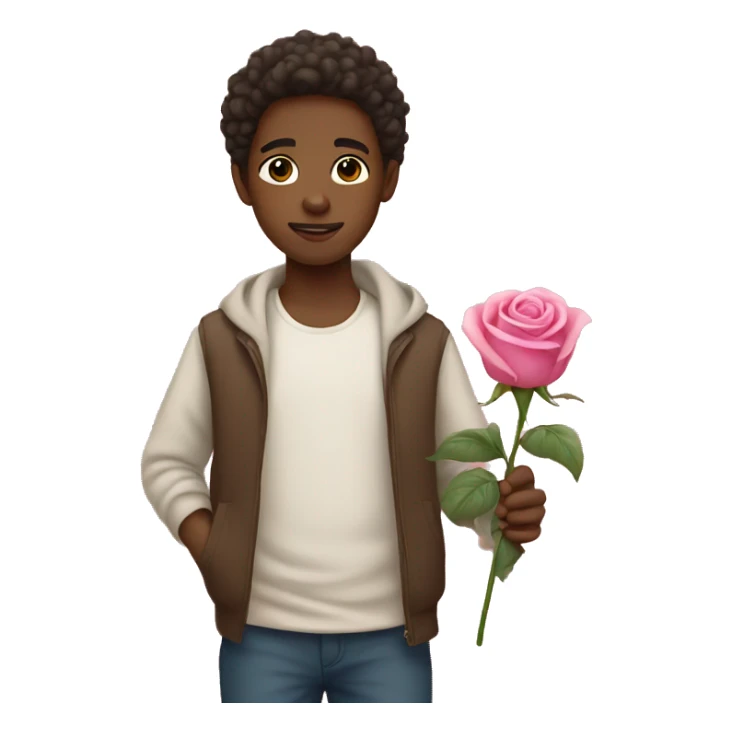 brown skin boy holding a pink rose sticker