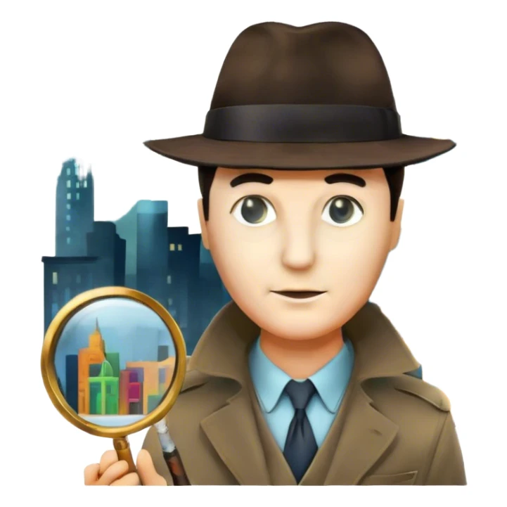 Icon for Detective Movies: A colorful collage featuring iconic detective elements—magnifying glass, a fedora hat, a cigarette, a shadowy figure, and a mysterious city backdrop. Include subtle clues like fingerprints or a crime scene. Retro movie poster style. Transparent background. sticker