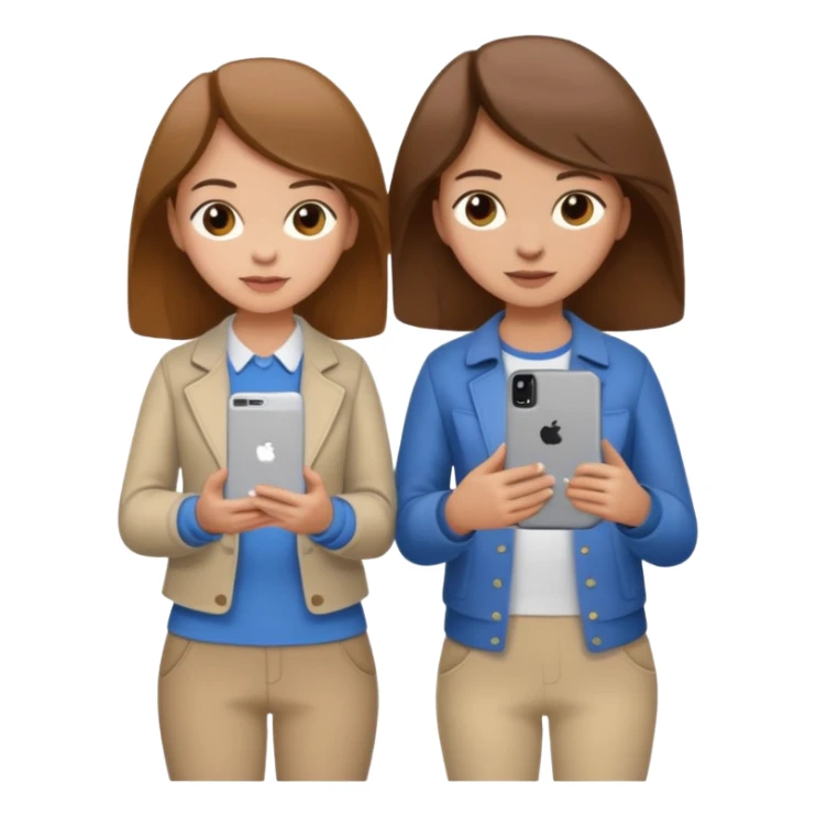 two brown haired girls, looking professional maybe leaned on each others back and looking forward and using phones, with longer hair and with some cute clothes without ties, one girl can hold lap top another one can hold the phone sticker