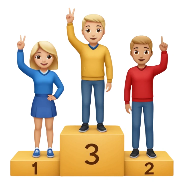 three casually dressed people on a winners podium labeled 2, 1, 3 from left to right, each on their step, center person on 1 holding up one finger on each hand, fun expressive cheerful emoji style sticker