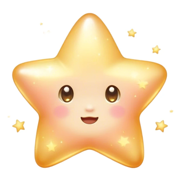 Cinematic cute sparkling star, chubby rounded edges, golden glow, tiny blushing cheeks, warm and gentle shine, twinkling softly in a pastel night sky. sticker