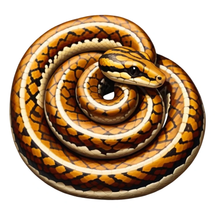 A photo-realistic top-down view of a Ball Python gently coiled into a tight spiral, with its head resting peacefully at the center. Its scales are warm brown with bold, irregular black markings, including the distinctive “alien-head” pattern, flowing smoothly along its body.  sticker