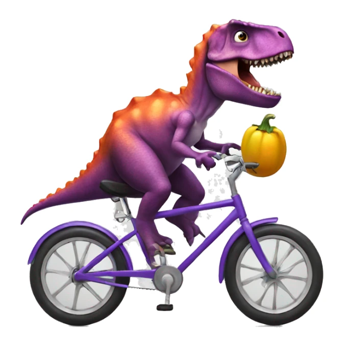 dinosaur riding a bike and eating an eggplant sticker