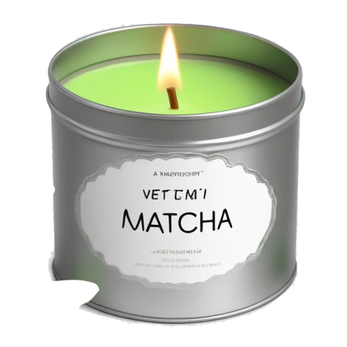 pretty matcha scented candle in silver tin with minimalistic label realistic sticker