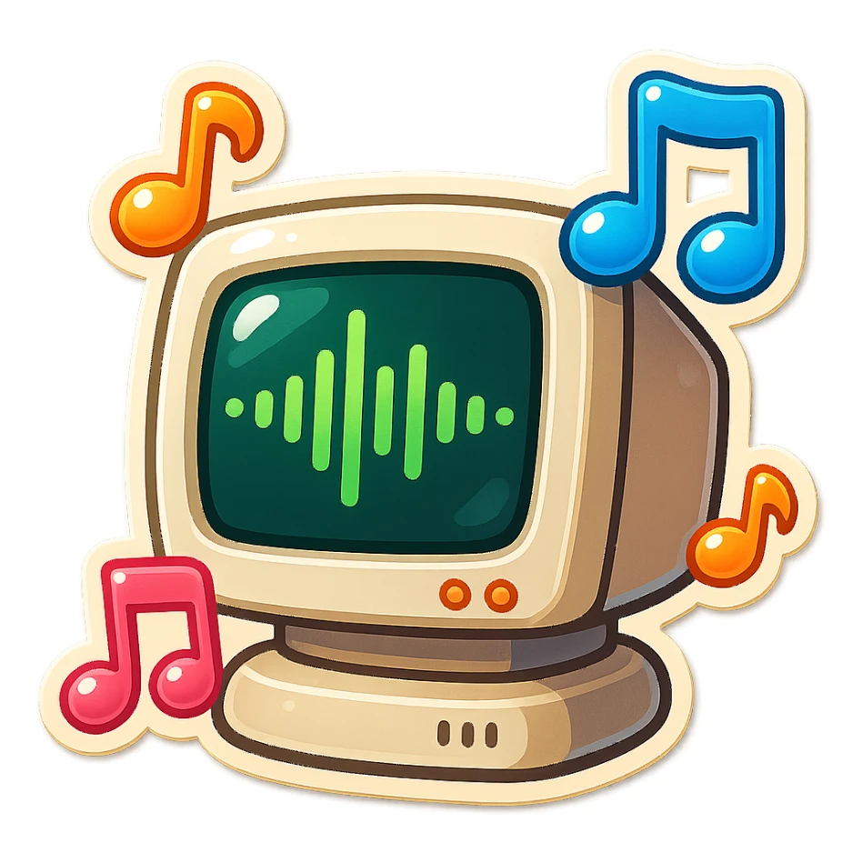 A classic CRT monitor with an audio waveform on the screen, surrounded by floating musical notes, lively and dynamic retro style sticker