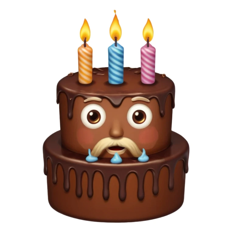 chocolate birthday cake with eyes and candles and beard sticker