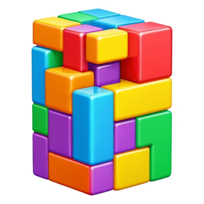 A 3D Tetris game block with a smooth, glossy surface. Bright and vibrant colors, slightly reflective, with soft shadows. The shape should resemble a classic Tetris piece, such as L, T, or square block sticker