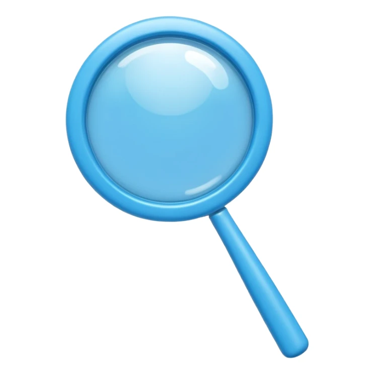 A cute 3D emoji-style blue magnifying glass, glossy plastic material, soft rounded shape, vibrant blue color, smooth reflections, minimal details, centered composition, isolated on a clean background, emoji style, high quality 3D render sticker