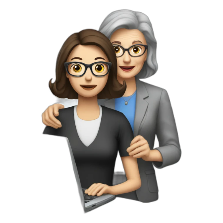 Brunette with glasses coaching old woman on computer sticker