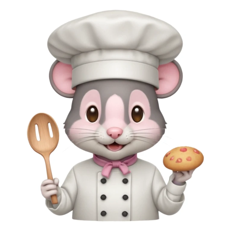 dark gray mouse with large round ears, brown eyes, and a small pink nose, wearing a white chef’s hat and has a friendly, slightly open-mouthed expression sticker