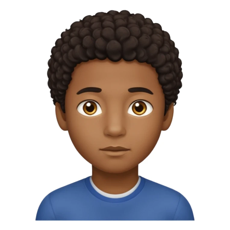 This avatar of black boy has lightly curly dark hair styled upward, a rounded face with golden-brown eyes, and a neutral expression sticker